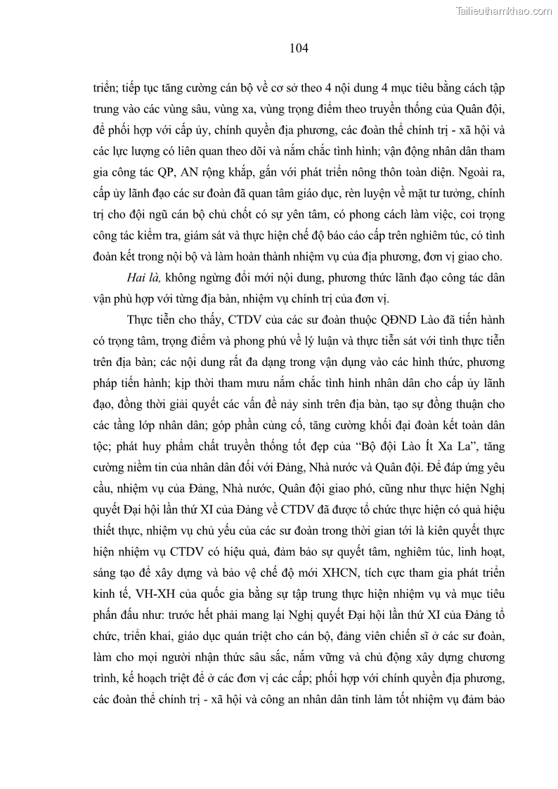 Luận án tiến sĩ Công tác dân vận của các sư đoàn thuộc Quân đội nhân dân Lào giai đoạn hiện nay - 10 Trang 109