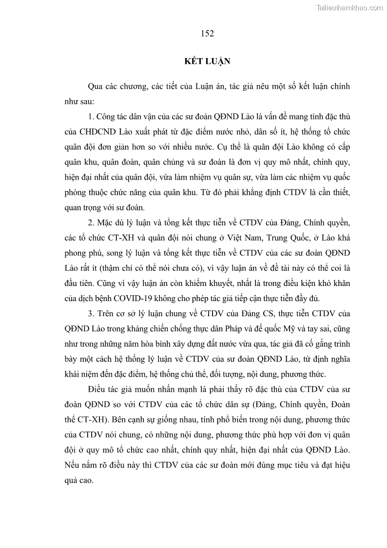 Luận án tiến sĩ Công tác dân vận của các sư đoàn thuộc Quân đội nhân dân Lào giai đoạn hiện nay - 14 Trang 157