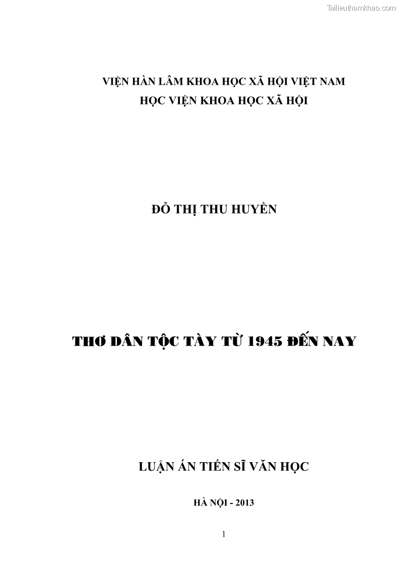 Luận án tiến sĩ ngữ văn Thơ dân tộc Tày từ 1945 đến nay - 1 Trang 1
