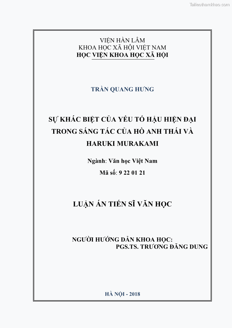 Luận án tiến sĩ văn học Sự khác biệt của yếu tố hậu hiện đại trong sáng tác của Hồ Anh Thái và Haruki Murakami - 1 Trang 1