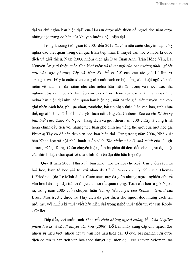 Luận án tiến sĩ văn học Sự khác biệt của yếu tố hậu hiện đại trong sáng tác của Hồ Anh Thái và Haruki Murakami - 2 Trang 13