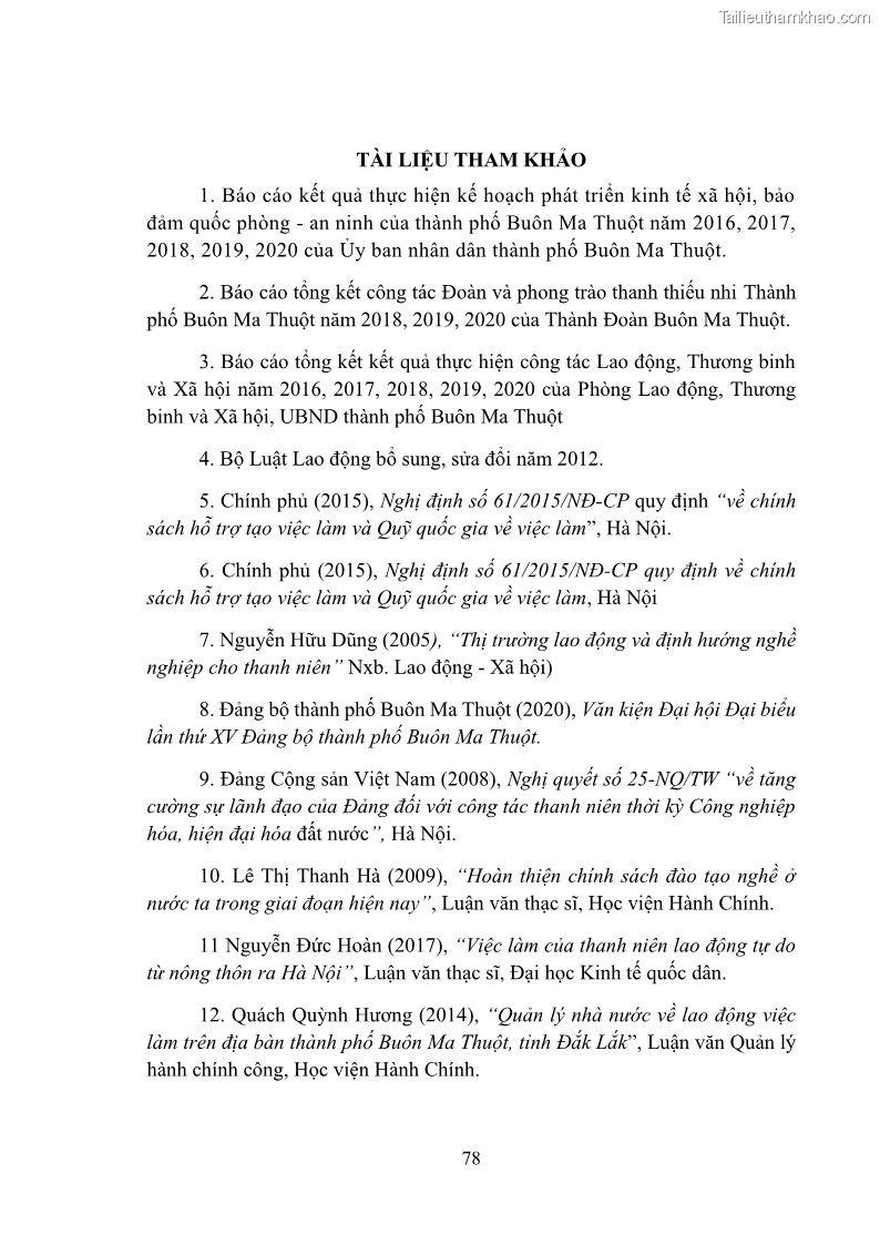 Luận văn thạc sĩ chính sách công Thực hiện chính sách việc làm cho thanh niên trên địa bàn thành phố Buôn Ma Thuột, tỉnh Đắk Lắk - 8 Trang 85