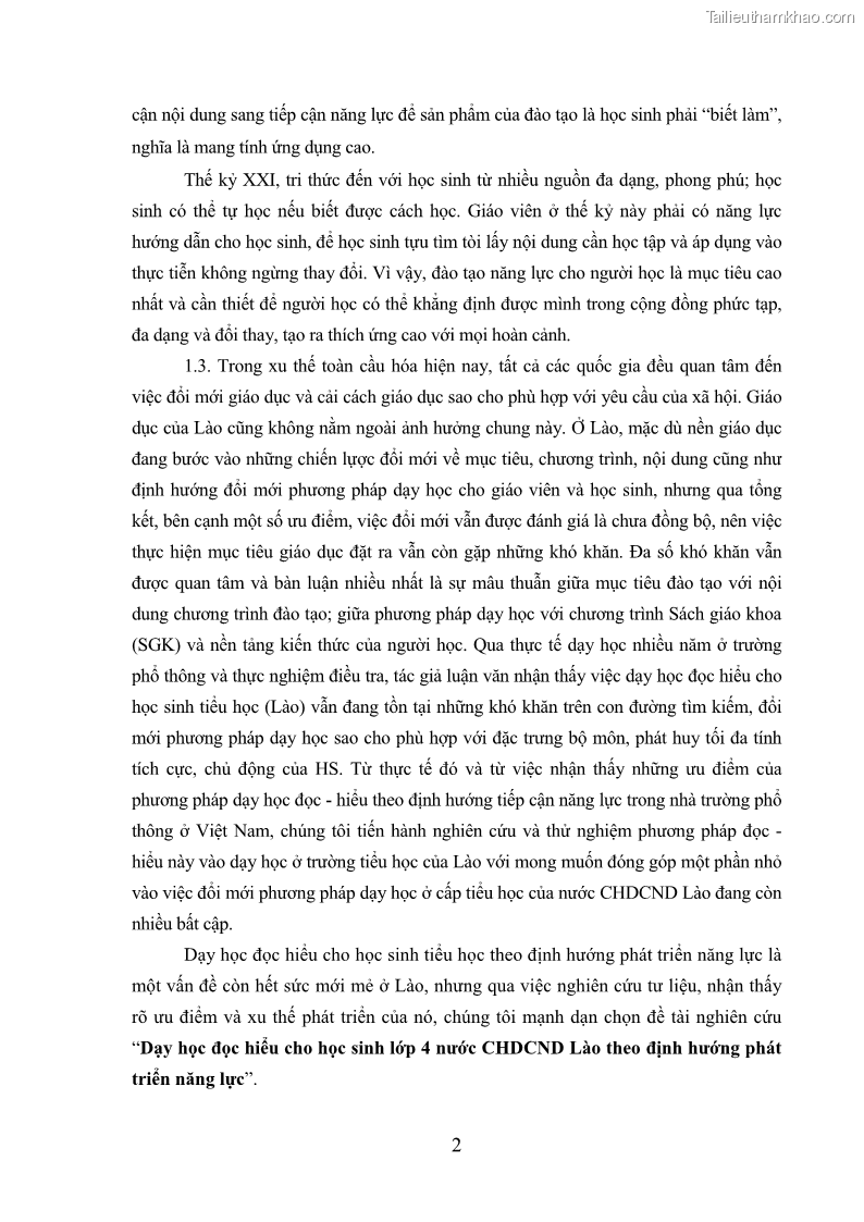 Luận văn thạc sĩ khoa học giáo dục Dạy học đọc hiểu cho học sinh lớp 4 nước CHDCND Lào theo định hướng phát triển năng lực - 1 Trang 10