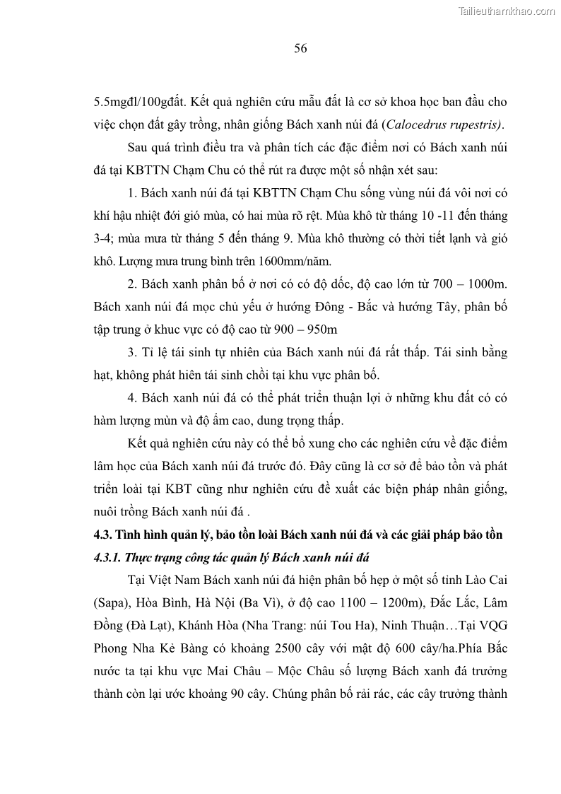Luận văn thạc sĩ khoa học lâm nghiệp Nghiên cứu đặc điểm lâm học làm cơ sở khoa học bảo tồn loài Bách xanh núi đá Calocedrus rupestris Aver. H. Nguyen & L.K.Phan tại KBTTN Chạm Chu tỉnh Tuyên Quang - 6 Trang 61