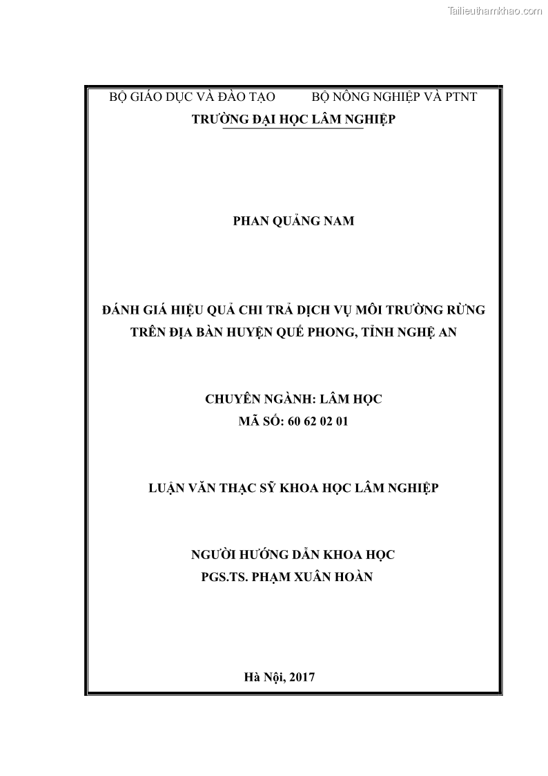 Luận văn thạc sĩ khoa học lâm nghiệp Đánh giá hiệu quả chi trả dịch vụ môi trường rừng trên địa bàn huyện Quế Phong, tỉnh Nghệ An - 1 Trang 1