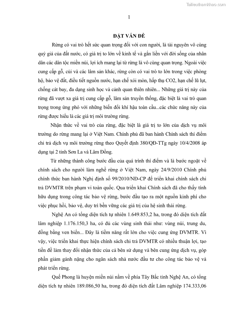 Luận văn thạc sĩ khoa học lâm nghiệp Đánh giá hiệu quả chi trả dịch vụ môi trường rừng trên địa bàn huyện Quế Phong, tỉnh Nghệ An - 1 Trang 10
