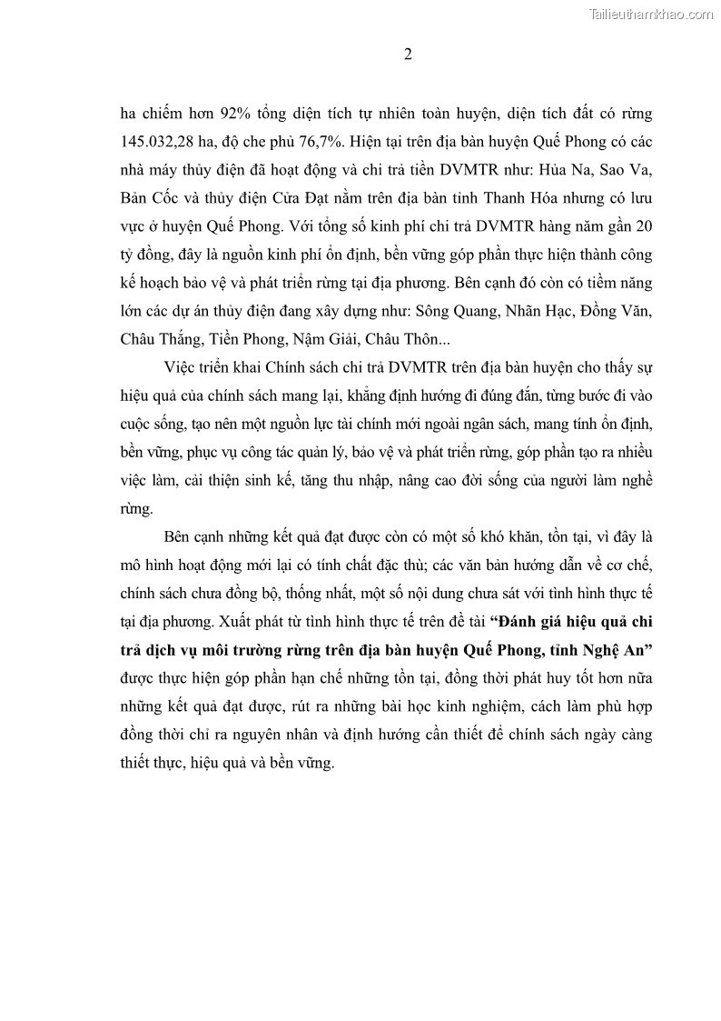 Luận văn thạc sĩ khoa học lâm nghiệp Đánh giá hiệu quả chi trả dịch vụ môi trường rừng trên địa bàn huyện Quế Phong, tỉnh Nghệ An - 1 Trang 11
