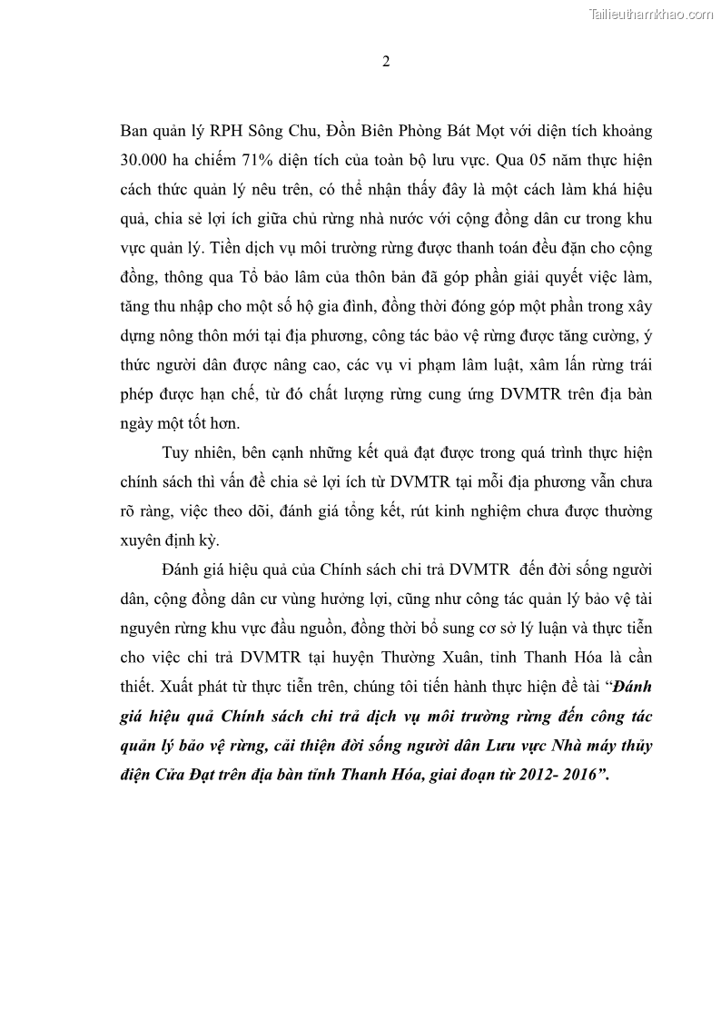 Luận văn thạc sĩ khoa học lâm nghiệp Đánh giá hiệu quả Chính sách chi trả dịch vụ môi trường rừng đến công tác quản lý bảo vệ rừng, cải thiện đời sống người dân Lưu vực Nhà máy thủy điện Cửa Đạt trên địa bàn tỉnh Thanh Hóa, giai đoạn từ 2012- 2016 - 1 Trang 10