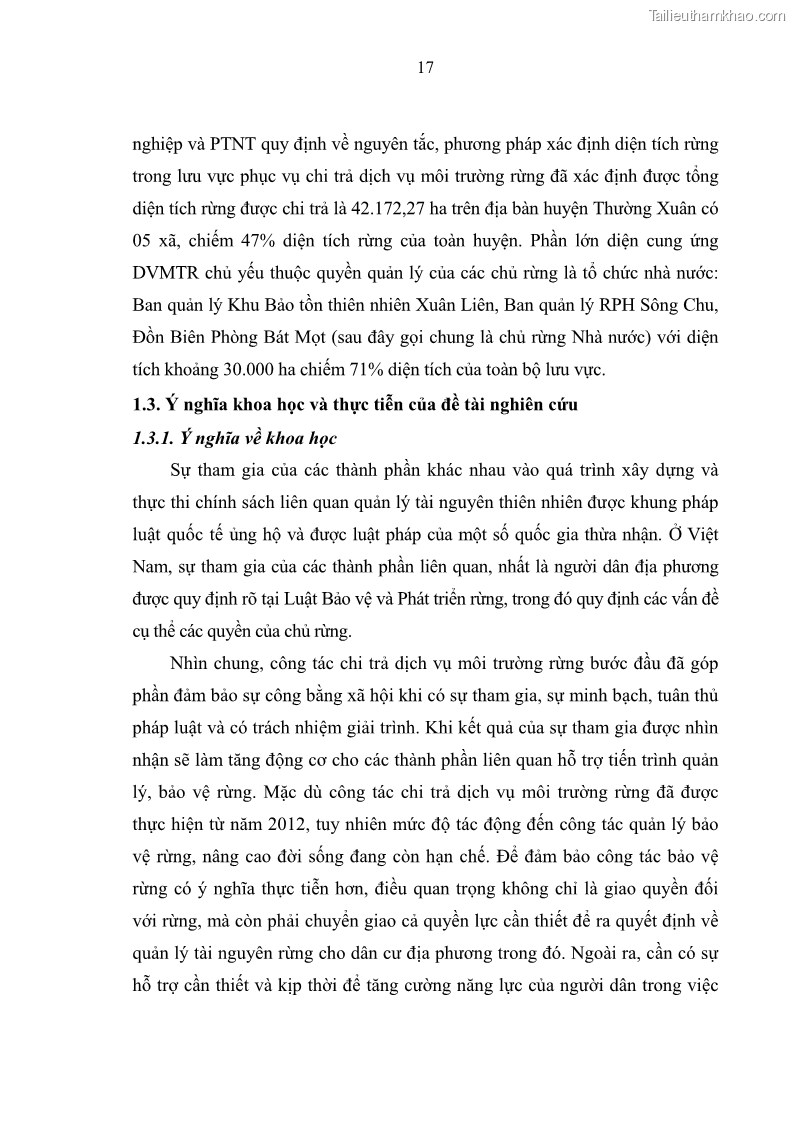 Luận văn thạc sĩ khoa học lâm nghiệp Đánh giá hiệu quả Chính sách chi trả dịch vụ môi trường rừng đến công tác quản lý bảo vệ rừng, cải thiện đời sống người dân Lưu vực Nhà máy thủy điện Cửa Đạt trên địa bàn tỉnh Thanh Hóa, giai đoạn từ 2012- 2016 - 3 Trang 25