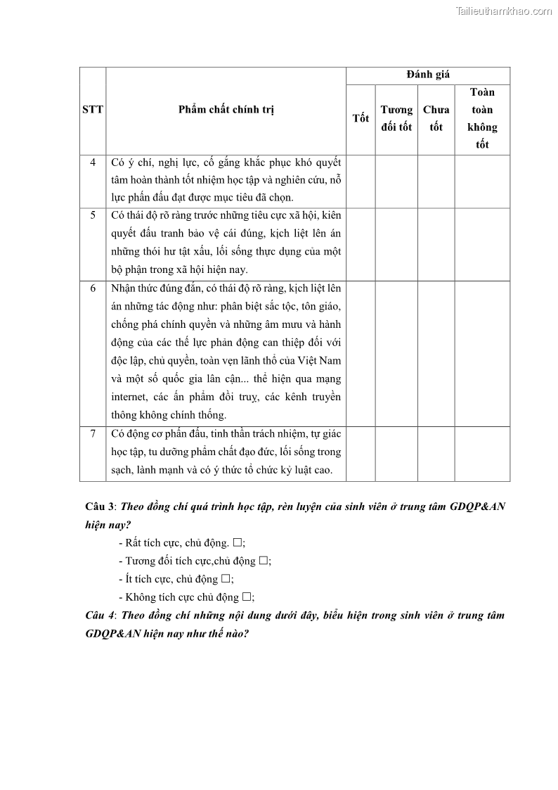 Luận văn thạc sĩ khoa học giáo dục Giáo dục phẩm chất chính trị cho sinh viên Trung tâm Giáo dục Quốc phòng và An ninh - Đại học Thái Nguyên - 10 Trang 109