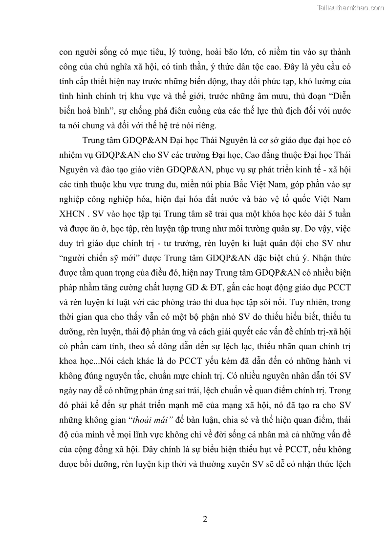 Luận văn thạc sĩ khoa học giáo dục Giáo dục phẩm chất chính trị cho sinh viên Trung tâm Giáo dục Quốc phòng và An ninh - Đại học Thái Nguyên - 2 Trang 13