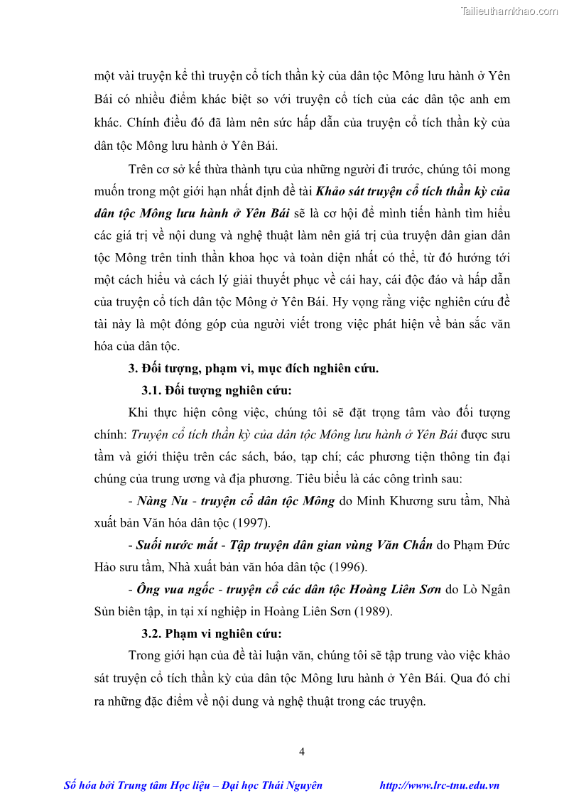 Luận văn thạc sĩ khoa học ngữ văn Khảo sát truyện cổ tích thần kỳ của dân tộc Mông lưu hành ở Yên Bái - 1 Trang 10