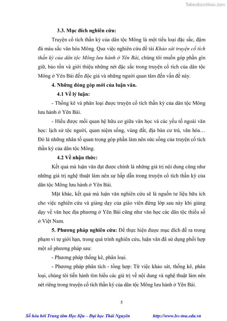Luận văn thạc sĩ khoa học ngữ văn Khảo sát truyện cổ tích thần kỳ của dân tộc Mông lưu hành ở Yên Bái - 1 Trang 11