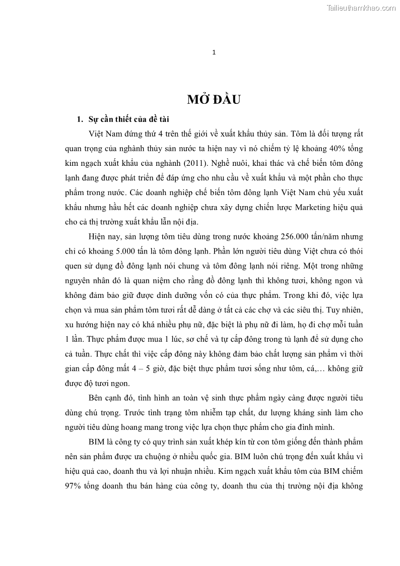 Luận văn thạc sĩ kinh tế Chiến lược Marketing cho sản phẩm tôm đông lạnh của công ty cổ phần thực phẩm BIM tại thị trường nội địa đến năm 2020 - 1 Trang 11