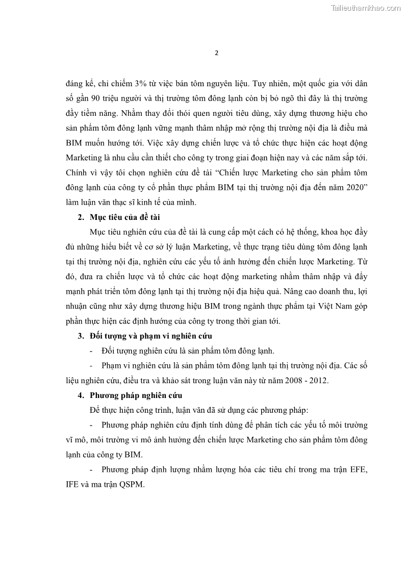 Luận văn thạc sĩ kinh tế Chiến lược Marketing cho sản phẩm tôm đông lạnh của công ty cổ phần thực phẩm BIM tại thị trường nội địa đến năm 2020 - 1 Trang 12
