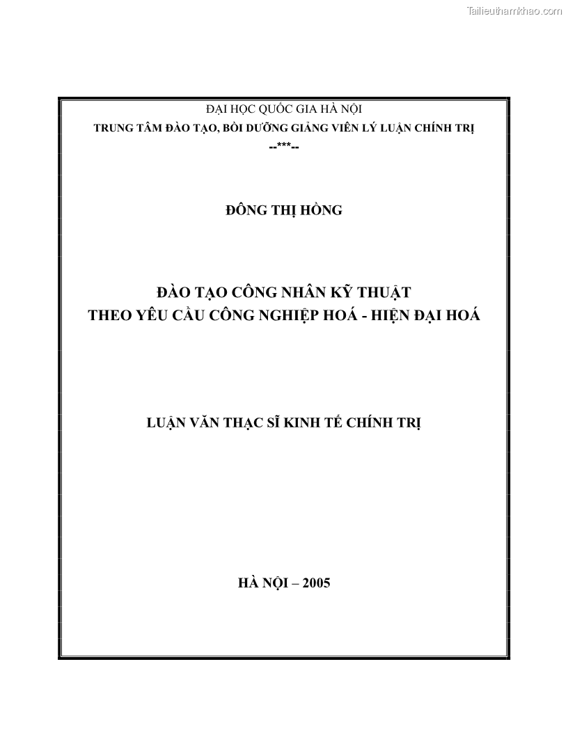 Luận văn thạc sĩ kinh tế Đào tạo công nhân kỹ thuật theo yêu cầu công nghiệp hoá - hiện đại hoá - 1 Trang 1