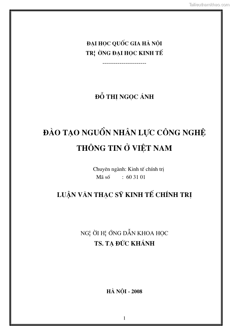 Luận văn thạc sĩ kinh tế Đào tạo nguồn nhân lực công nghệ thông tin ở Việt Nam - 1 Trang 1