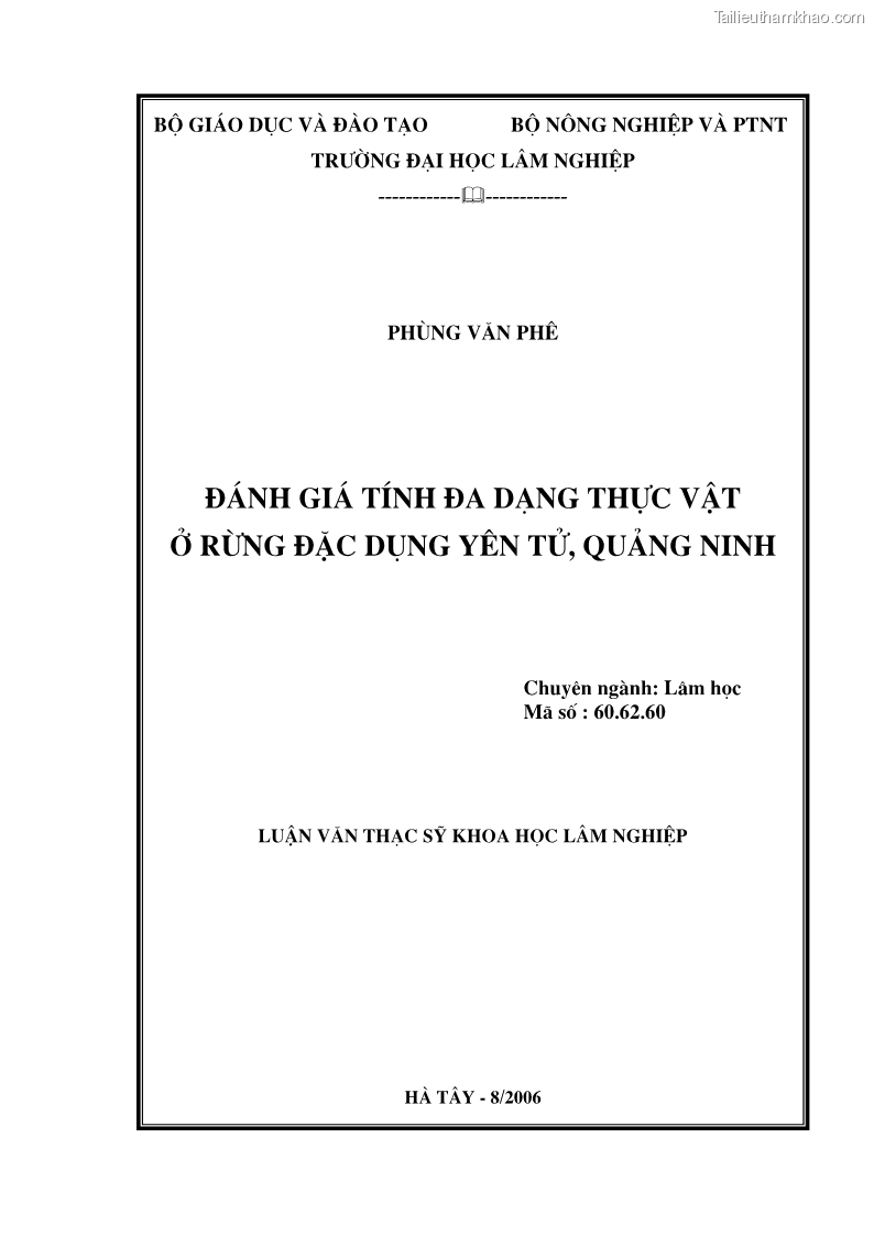 Luận văn thạc sĩ khoa học lâm nghiệp Đánh giá tính đa dạng thực vật ở rừng đặc dụng Yên Tử - Quảng Ninh - 1 Trang 1