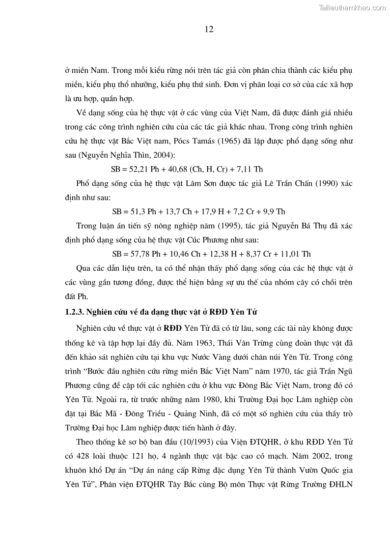 Luận văn thạc sĩ khoa học lâm nghiệp Đánh giá tính đa dạng thực vật ở rừng đặc dụng Yên Tử - Quảng Ninh - 2 Trang 13