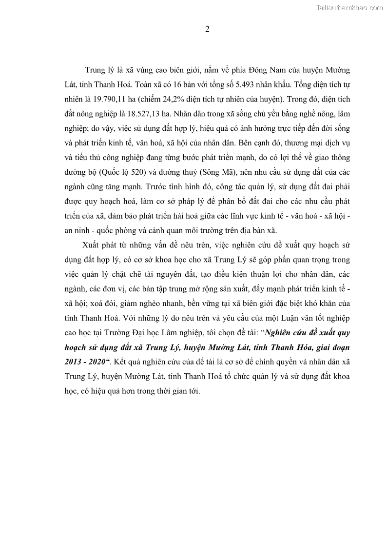 Luận văn thạc sĩ khoa học lâm nghiệp Nghiên cứu đề xuất quy hoạch sử dụng đất xã Trung Lý, huyện Mường Lát, tỉnh Thanh Hóa, giai đoạn 2013 - 2020 - 1 Trang 10