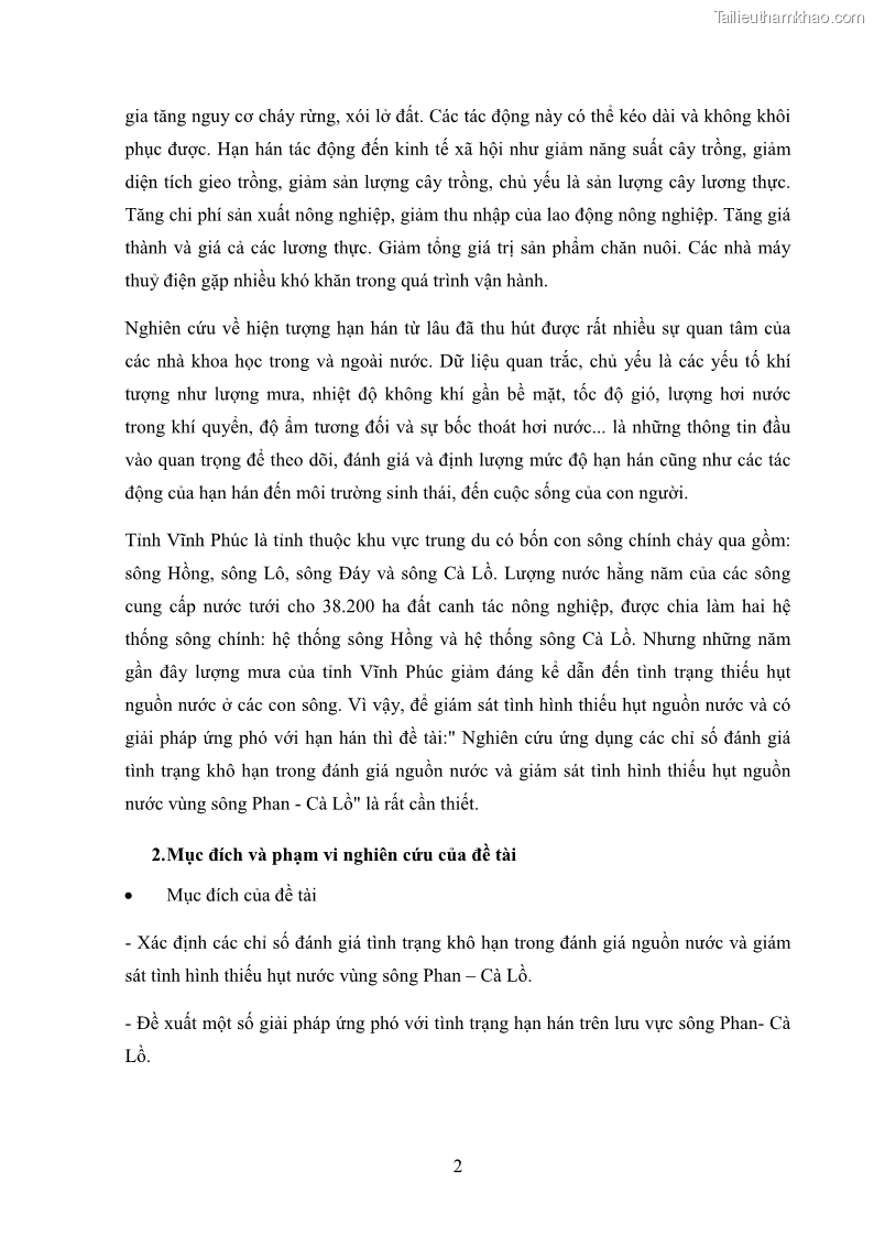 Luận văn thạc sĩ Nghiên cứu ứng dụng các chỉ số đánh giá tình trạng khô hạn trong đánh giá nguồn nước và giám sát tình hình thiếu hụt nguồn nước vùng sông Phan - Cà Lồ - 1 Trang 10