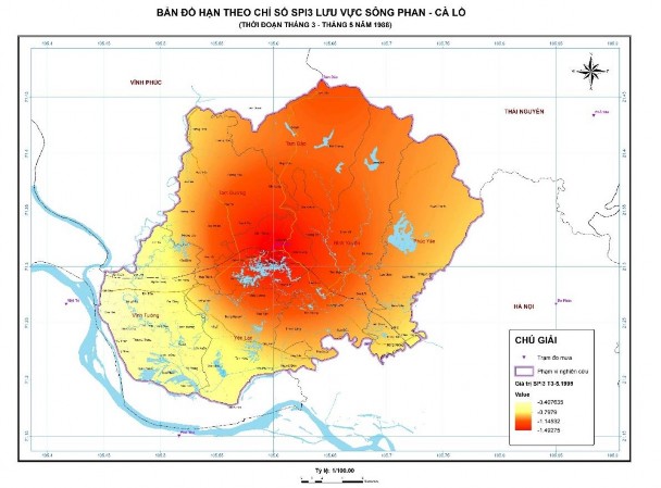 Hình 3 8 Bản đồ hạn theo chỉ số SPI 3 lưu vực sông Phan – Cà Lồ năm 1988 1