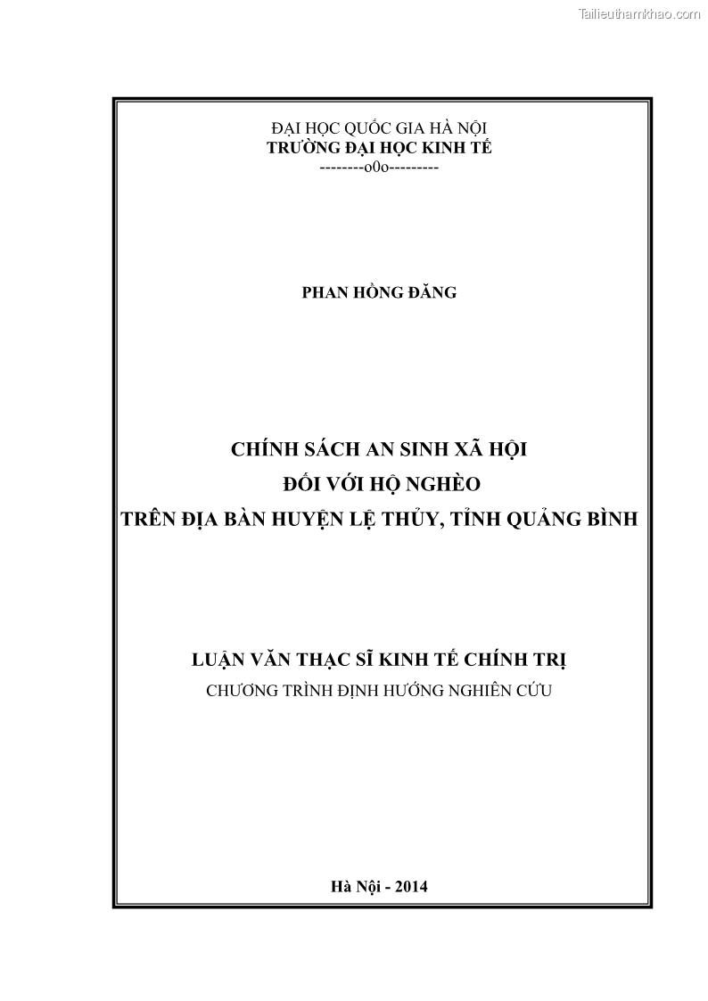 Luận văn thạc sĩ kinh tế chính trị Chính sách an sinh xã hội đối với hộ nghèo trên địa bàn huyện Lệ Thủy, tỉnh Quảng Bình - 1 Trang 1