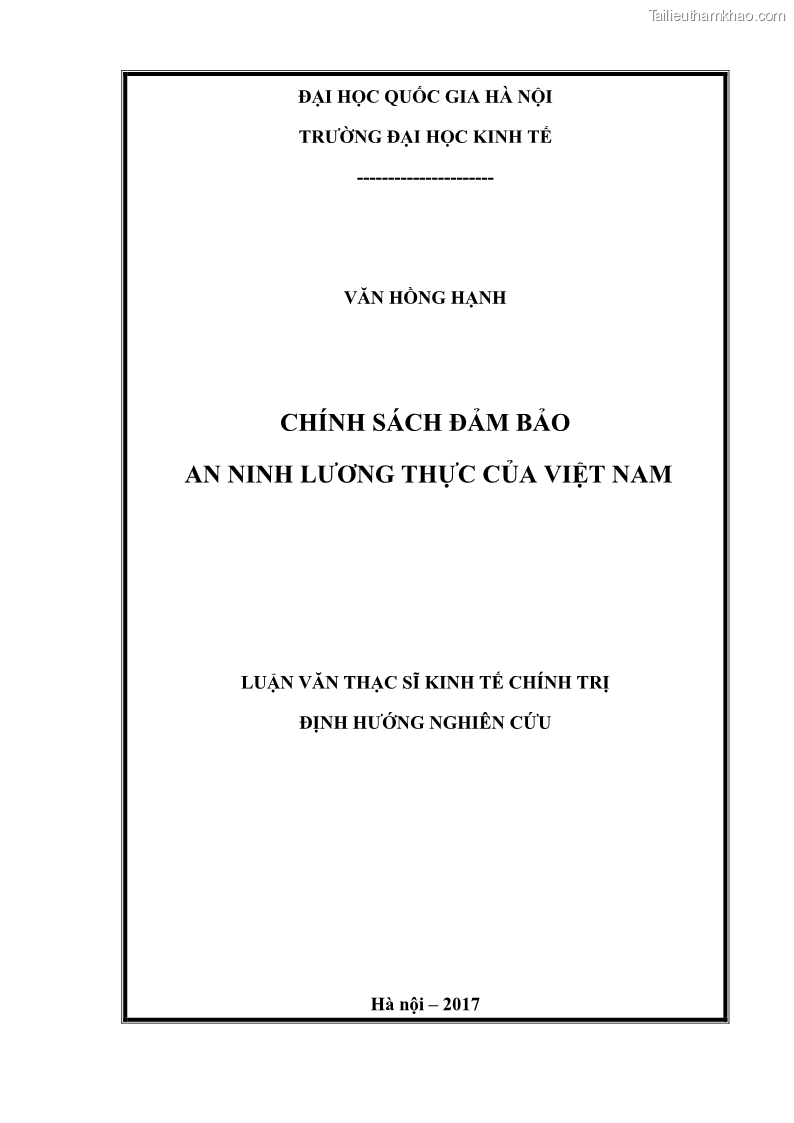 Luận văn thạc sĩ kinh tế chính trị Chính sách đảm bảo an ninh lương thực của Việt Nam - 1 Trang 1