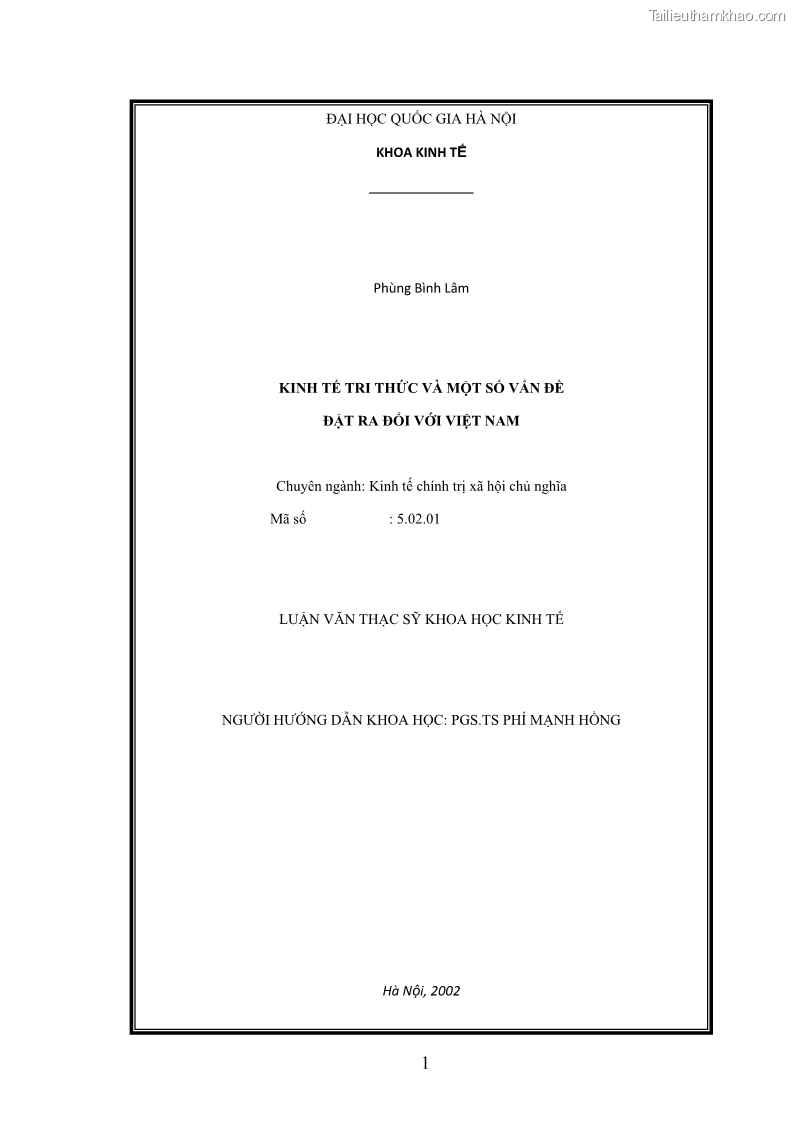 Luận văn thạc sĩ khoa học kinh tế Kinh tế tri thức và một số vấn đề đặt ra đối với Việt Nam - 1 Trang 1