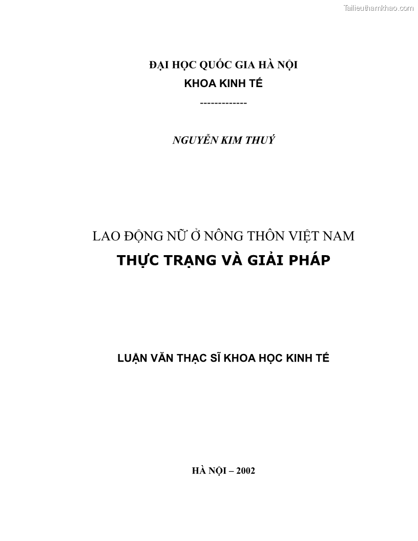 Luận văn thạc sĩ khoa học kinh tế Lao động nữ ở nông thôn Việt Nam - Thực trạng và giải pháp - 1 Trang 1