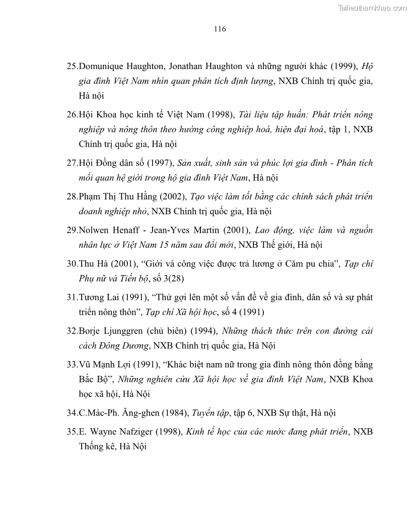 Luận văn thạc sĩ khoa học kinh tế Lao động nữ ở nông thôn Việt Nam - Thực trạng và giải pháp - 11 Trang 121