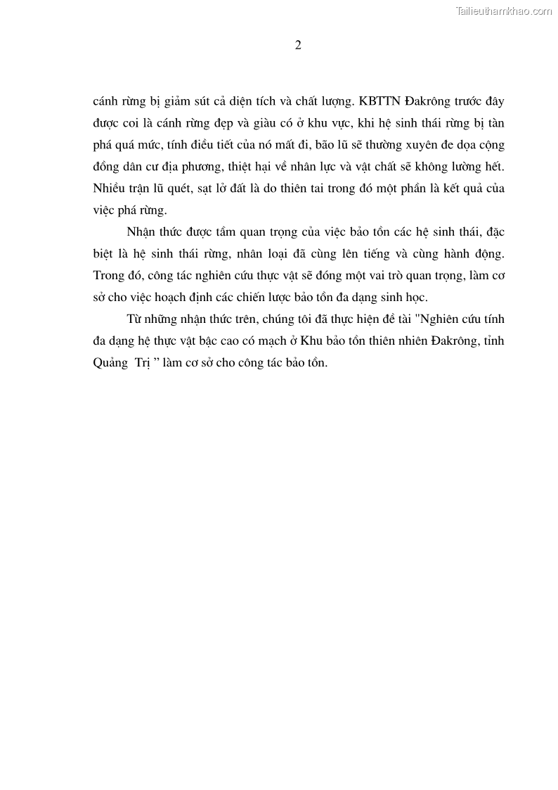 Luận văn thạc sĩ khoa học lâm nghiệp Đa dạng hệ thực vật khu bảo tồn thiên nhiên Đakrông, Quảng Trị - 1 Trang 10