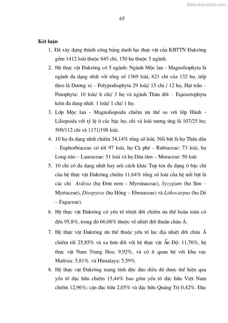 Luận văn thạc sĩ khoa học lâm nghiệp Đa dạng hệ thực vật khu bảo tồn thiên nhiên Đakrông, Quảng Trị - 7 Trang 73