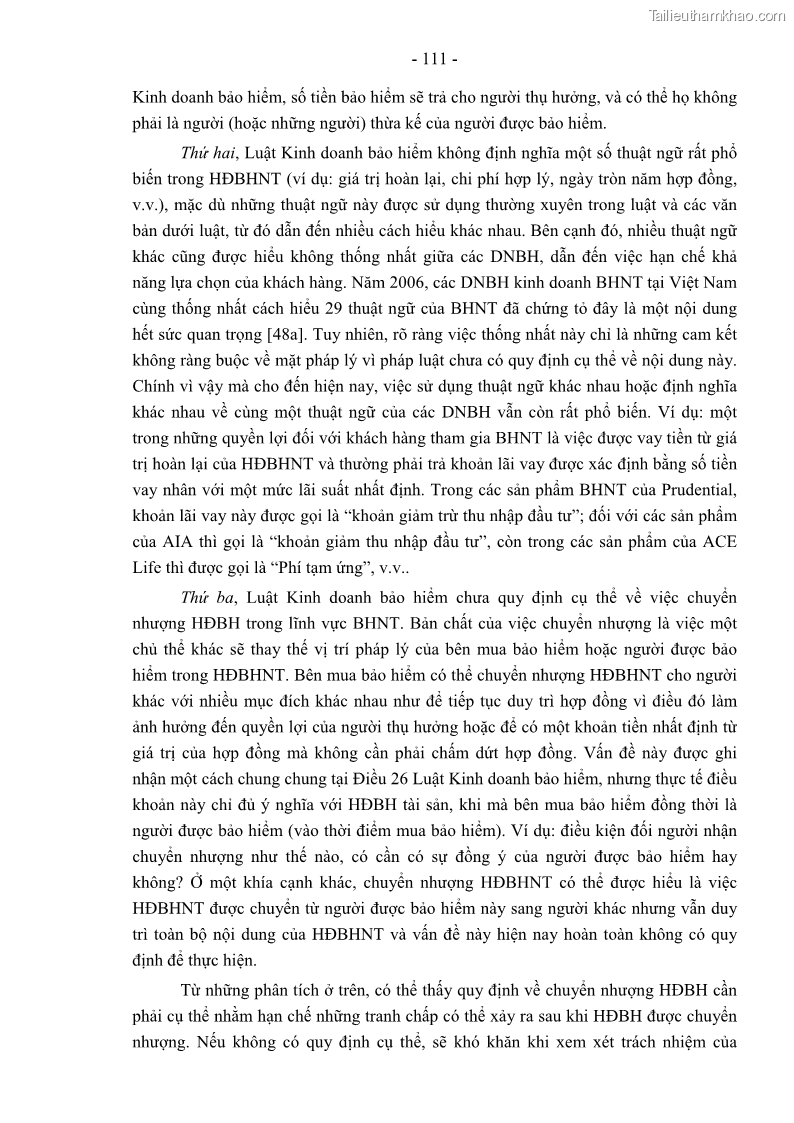 Luận án tiến sĩ luật học Pháp luật về kinh doanh bảo hiểm nhân thọ ở Việt Nam - Những vấn đề lý luận và thực tiễn - 10 Trang 116