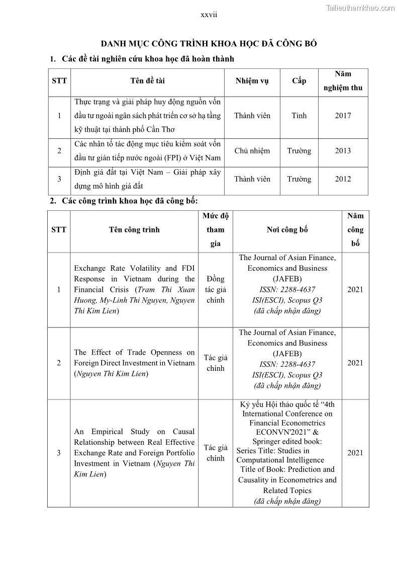 Luận án tiến sĩ tài chính ngân hàng Mối quan hệ giữa tỷ giá và vốn đầu tư nước ngoài - Nghiên cứu trường hợp Việt Nam - 13 Trang 156
