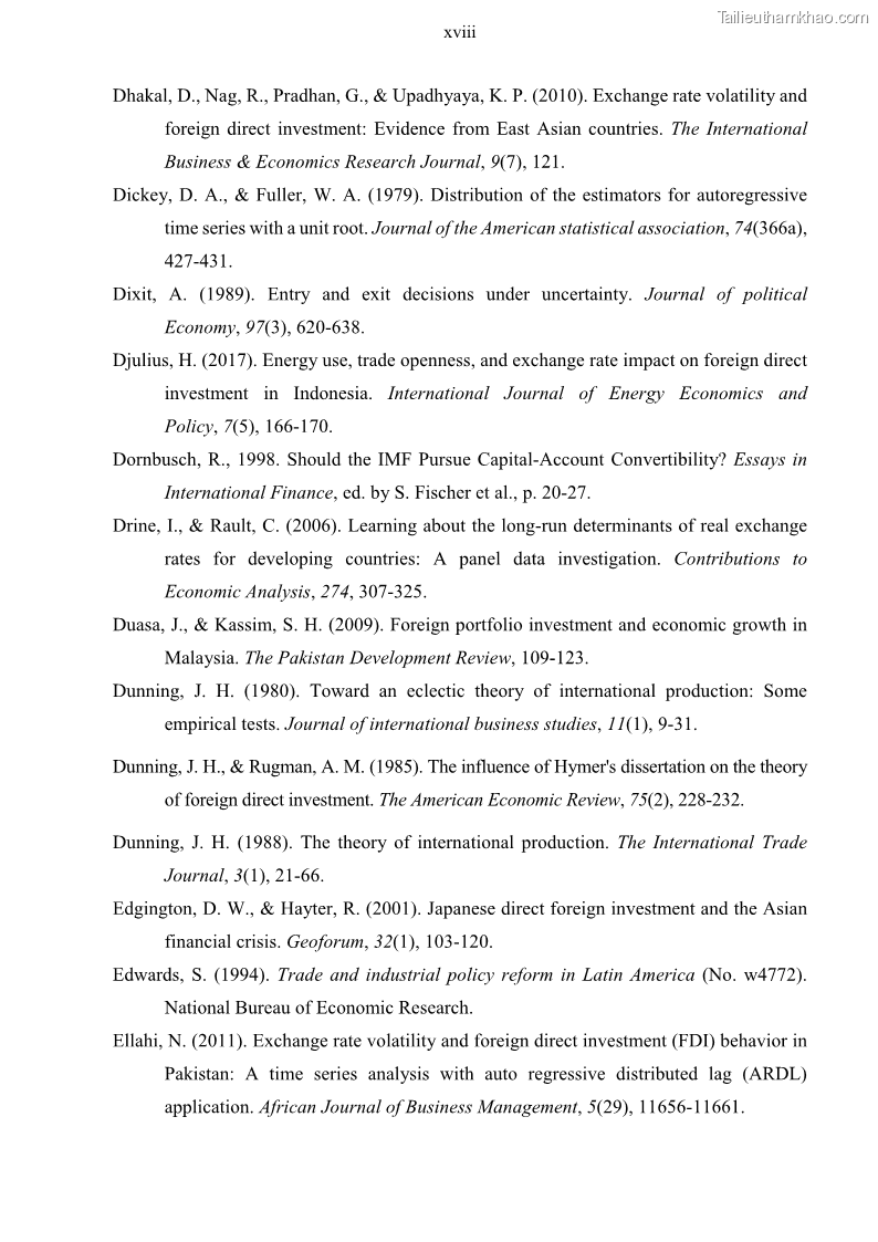Luận án tiến sĩ tài chính ngân hàng Mối quan hệ giữa tỷ giá và vốn đầu tư nước ngoài - Nghiên cứu trường hợp Việt Nam - 13 Trang 147