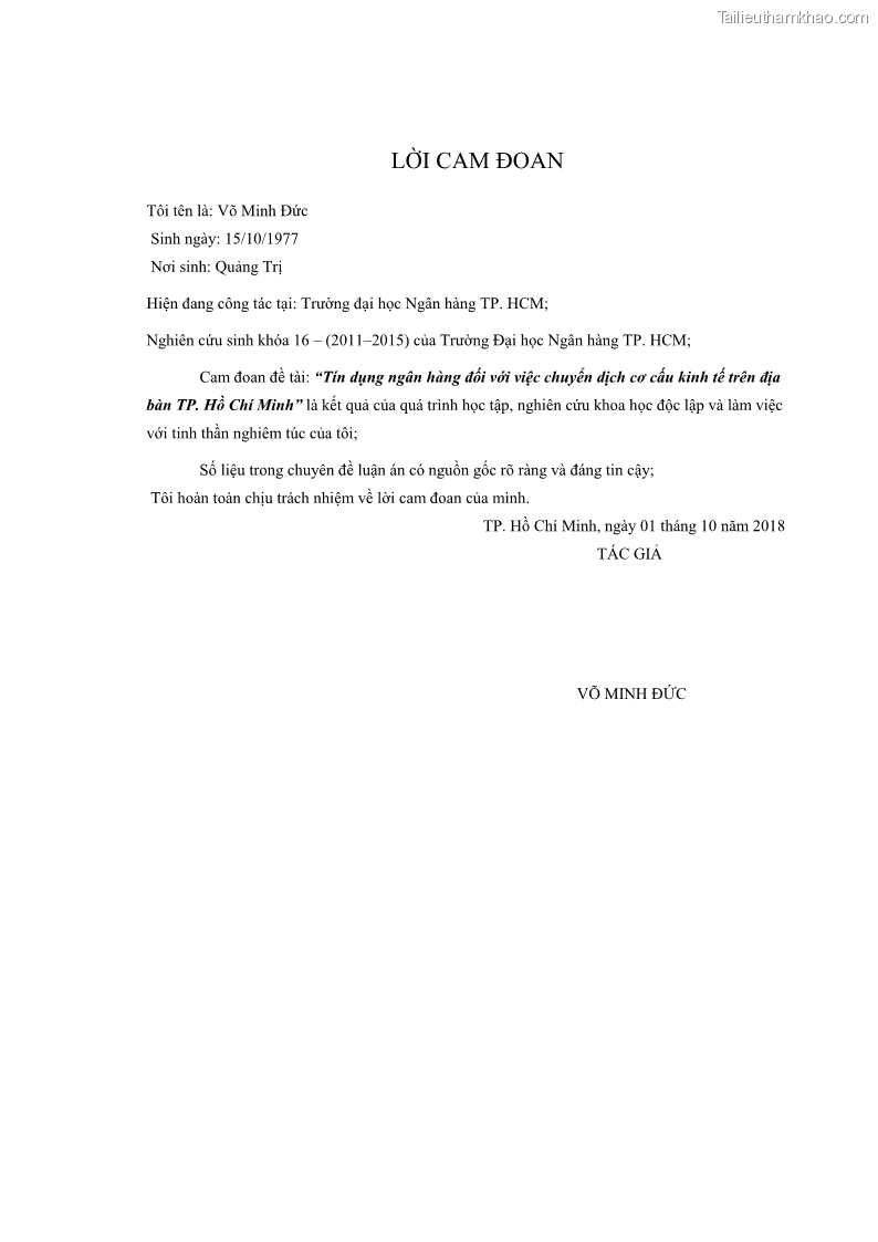 Luận án tiến sĩ Tín dụng ngân hàng đối với việc chuyển dịch cơ cấu kinh tế trên địa bàn TP. Hồ Chí Minh 1674832566 - 1 Trang 3
