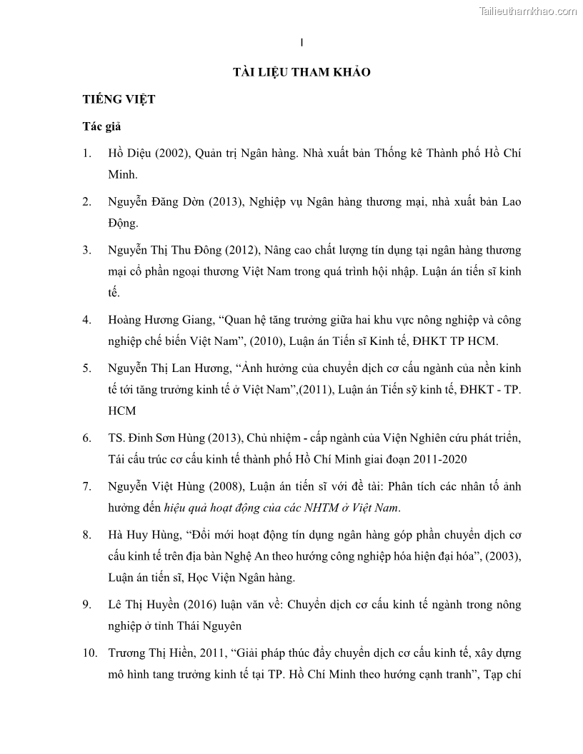 Luận án tiến sĩ Tín dụng ngân hàng đối với việc chuyển dịch cơ cấu kinh tế trên địa bàn TP. Hồ Chí Minh 1674832566 - 15 Trang 169