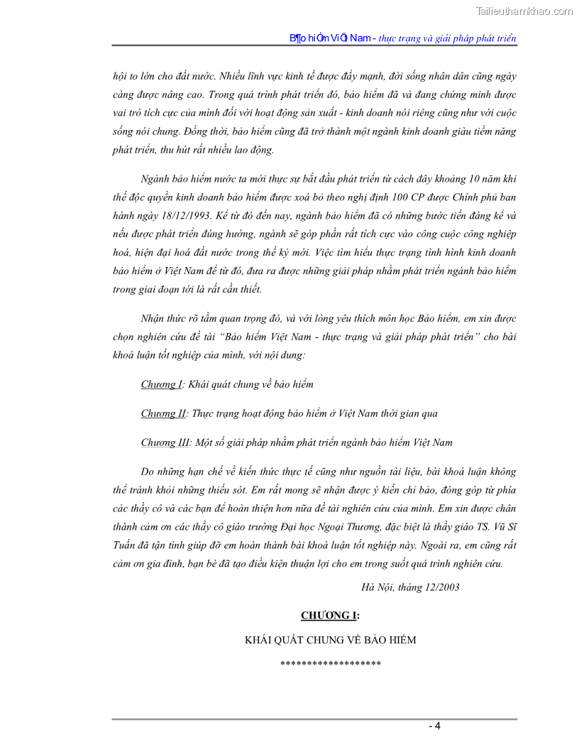 Luận văn Bảo hiểm Việt Nam - thực trạng và giải pháp phát triển - 1 Trang 4