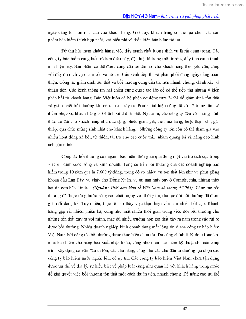 Luận văn Bảo hiểm Việt Nam - thực trạng và giải pháp phát triển - 4 Trang 47