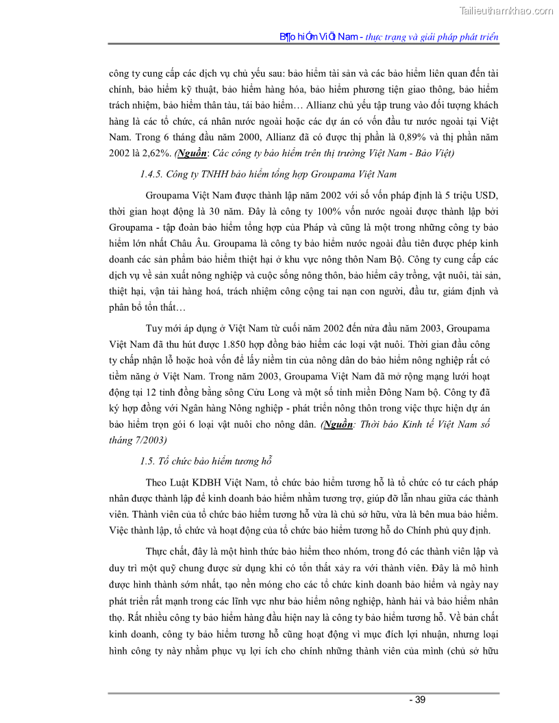 Luận văn Bảo hiểm Việt Nam - thực trạng và giải pháp phát triển - 4 Trang 39