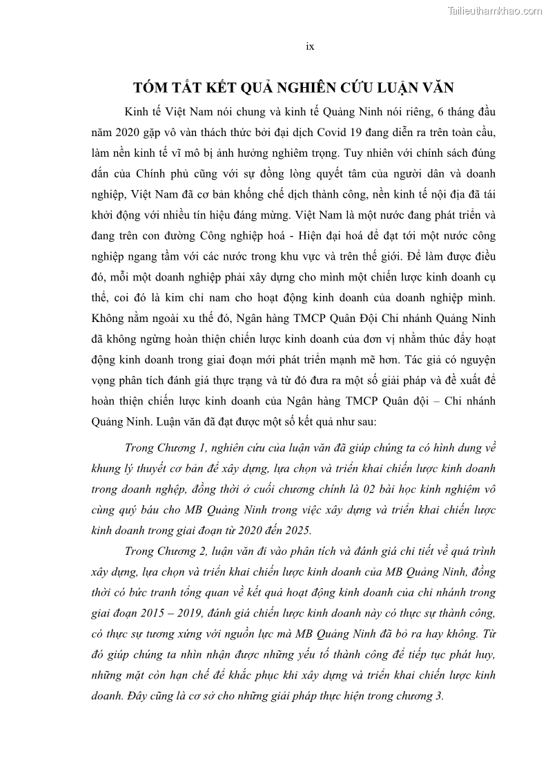 Luận văn thạc sĩ kinh doanh thương mại Chiến lược kinh doanh của ngân hàng TMCP Quân Đội Chi nhánh Quảng Ninh - 1 Trang 11