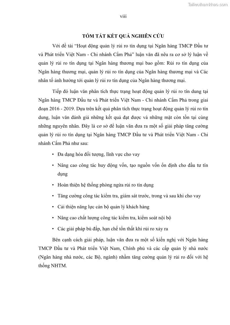 Luận văn thạc sĩ kinh doanh thương mại Hoạt động quản lý rủi ro tín dụng tại Ngân hàng TMCP Đầu tư và Phát triển Việt Nam - Chi nhánh Cẩm Phả - 1 Trang 10