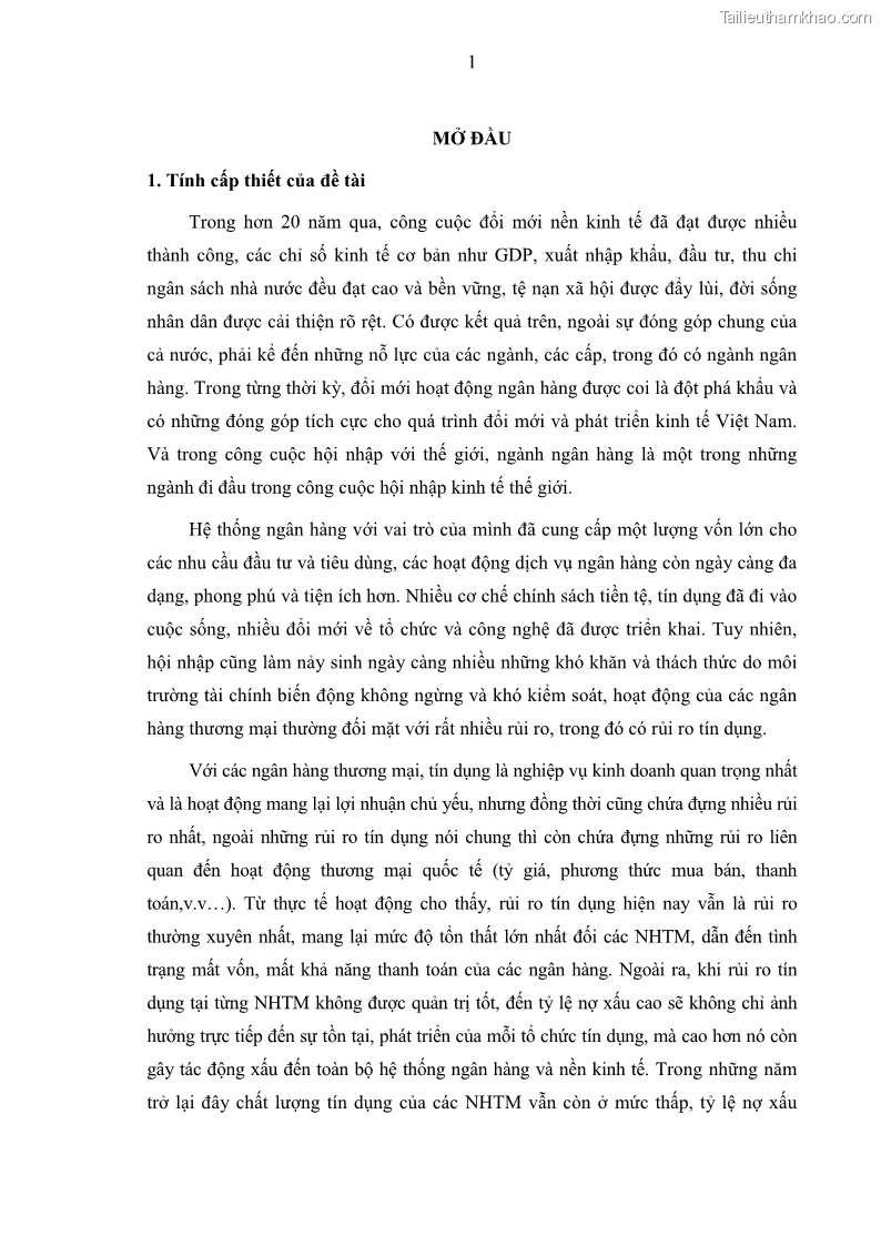 Luận văn thạc sĩ kinh doanh thương mại Hoạt động quản lý rủi ro tín dụng tại Ngân hàng TMCP Đầu tư và Phát triển Việt Nam - Chi nhánh Cẩm Phả - 1 Trang 11