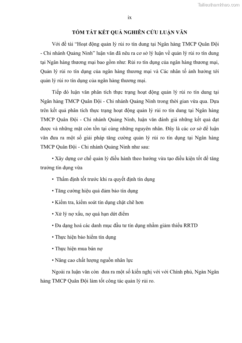 Luận văn thạc sĩ kinh doanh thương mại Hoạt động quản lý rủi ro tín dụng tại Ngân hàng TMCP Quân Đội - Chi nhánh Quảng Ninh - 1 Trang 11