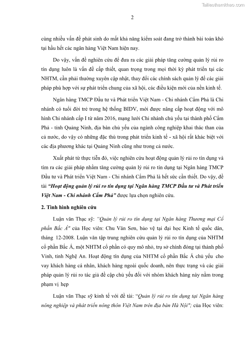 Luận văn thạc sĩ kinh doanh thương mại Hoạt động quản lý rủi ro tín dụng tại Ngân hàng TMCP Đầu tư và Phát triển Việt Nam - Chi nhánh Cẩm Phả - 1 Trang 12