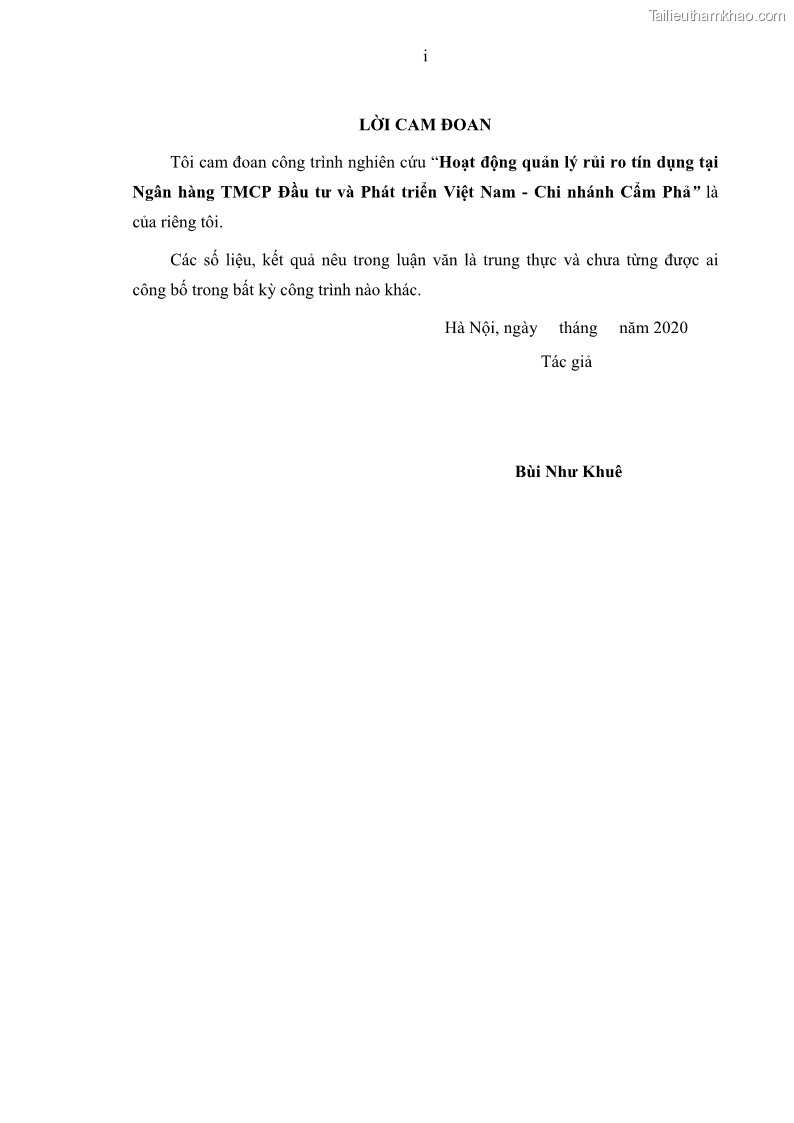 Luận văn thạc sĩ kinh doanh thương mại Hoạt động quản lý rủi ro tín dụng tại Ngân hàng TMCP Đầu tư và Phát triển Việt Nam - Chi nhánh Cẩm Phả - 1 Trang 3