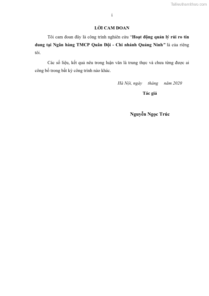 Luận văn thạc sĩ kinh doanh thương mại Hoạt động quản lý rủi ro tín dụng tại Ngân hàng TMCP Quân Đội - Chi nhánh Quảng Ninh - 1 Trang 3