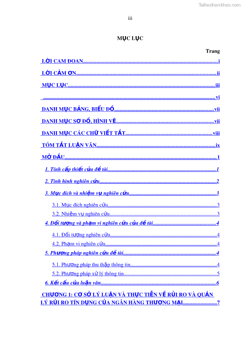 Luận văn thạc sĩ kinh doanh thương mại Hoạt động quản lý rủi ro tín dụng tại Ngân hàng TMCP Công Thương – Chi nhánh Bãi Cháy - 1 Trang 7