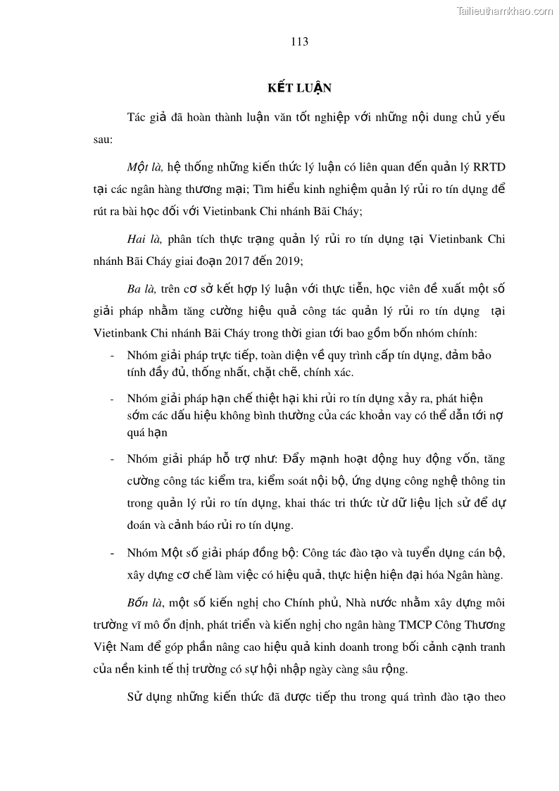 Luận văn thạc sĩ kinh doanh thương mại Hoạt động quản lý rủi ro tín dụng tại Ngân hàng TMCP Công Thương – Chi nhánh Bãi Cháy - 11 Trang 128